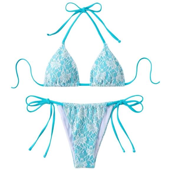 Boutique Women's Blue Bikini With Lace Overlay Large Set - Picture 4 of 14